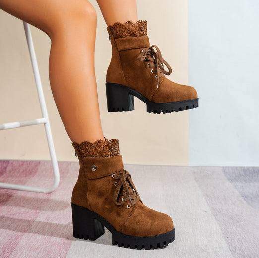Platform Boots with Lace-up and Chunky Heel