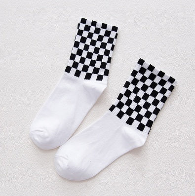 Crew Socks with Checkerboard Pattern and Ribbed Cuff