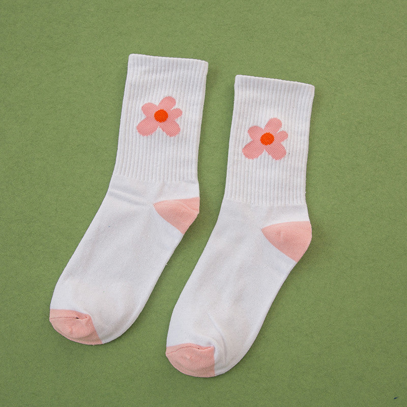 Crew Socks with Floral Embroidery and Ribbed Cuff