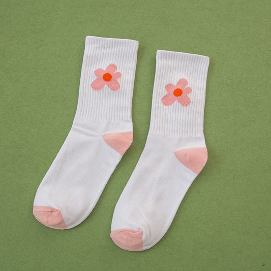 Crew Socks with Floral Embroidery and Ribbed Cuff