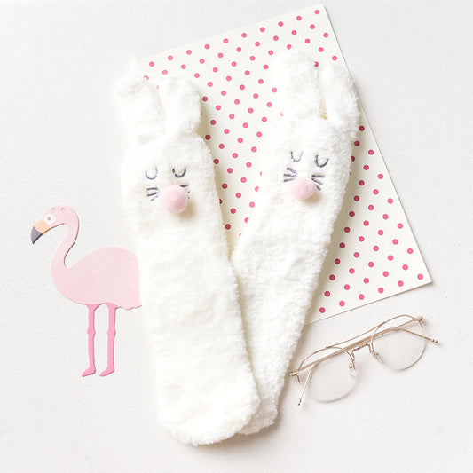 Plush Crew Socks with Embroidered Animal Face