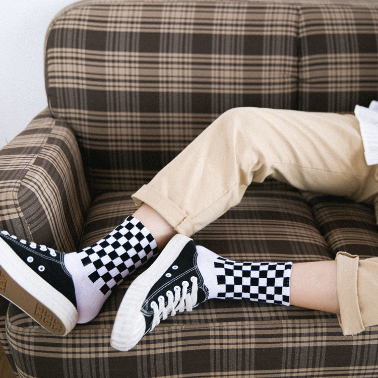 Crew Socks with Checkerboard Pattern and Ribbed Cuff