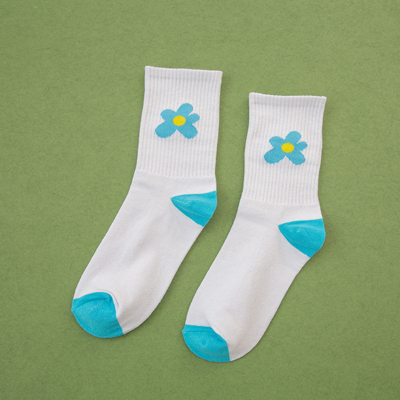 Crew Socks with Floral Embroidery and Ribbed Cuff