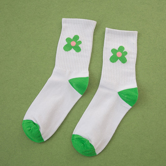 Crew Socks with Floral Embroidery and Ribbed Cuff