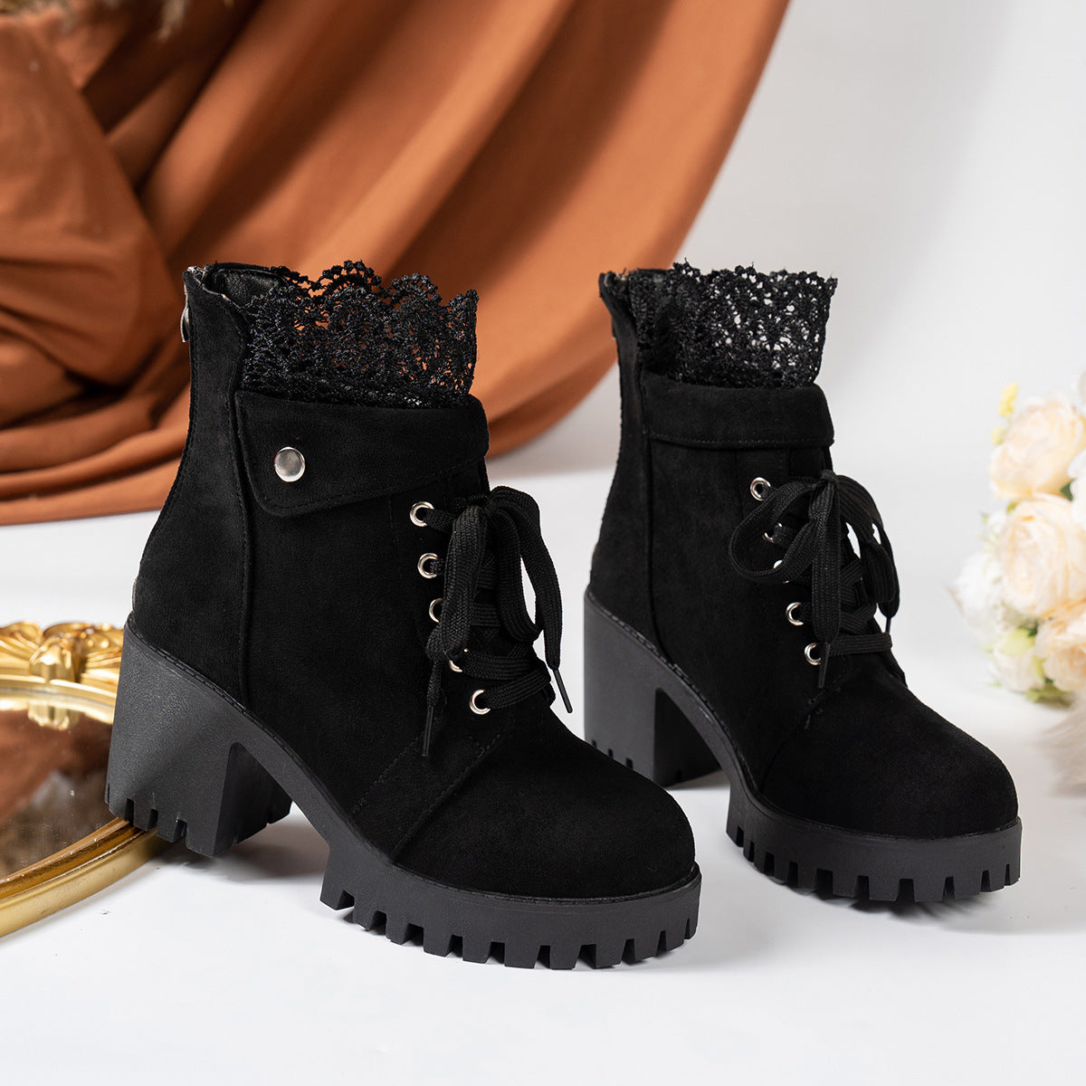 Platform Boots with Lace-up and Chunky Heel