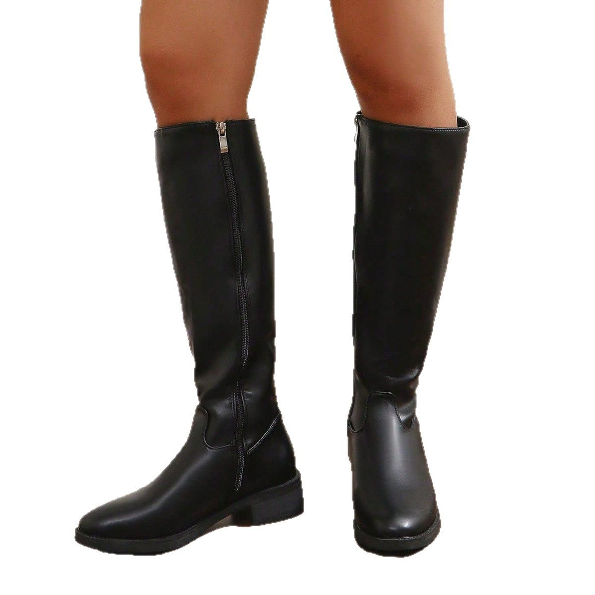 Knee-High Boots with Side Zipper and Low Block Heel