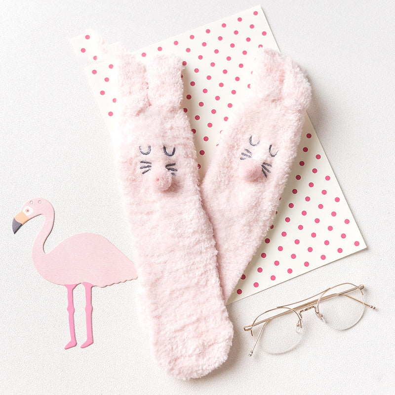 Plush Crew Socks with Embroidered Animal Face