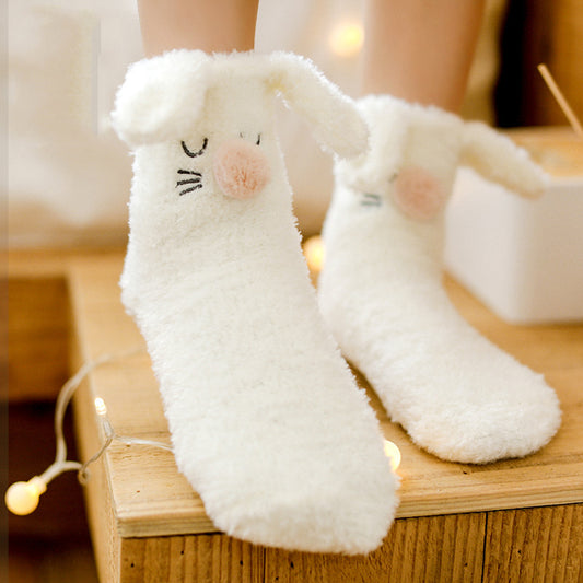 Plush Crew Socks with Embroidered Animal Face