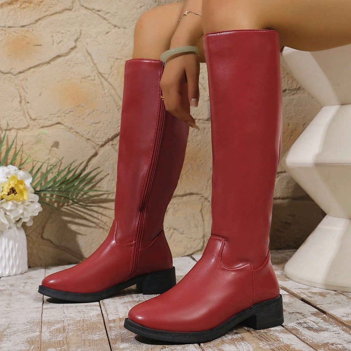 Knee-High Boots with Side Zipper and Low Block Heel