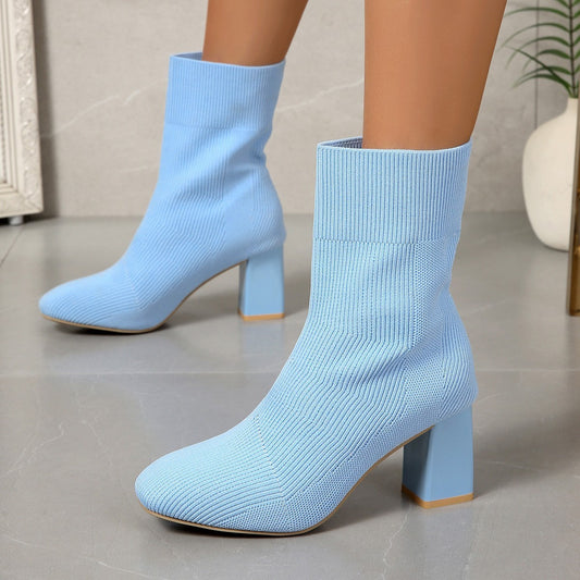 Ankle Boots with Block Heel and Knitted Fabric Upper