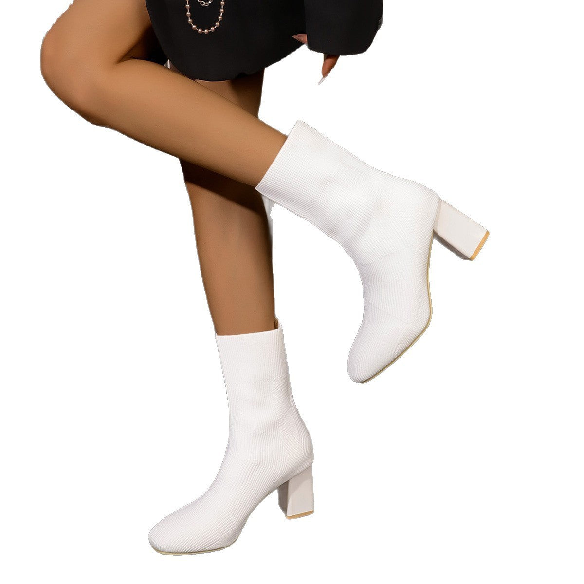 Ankle Boots with Block Heel and Knitted Fabric Upper