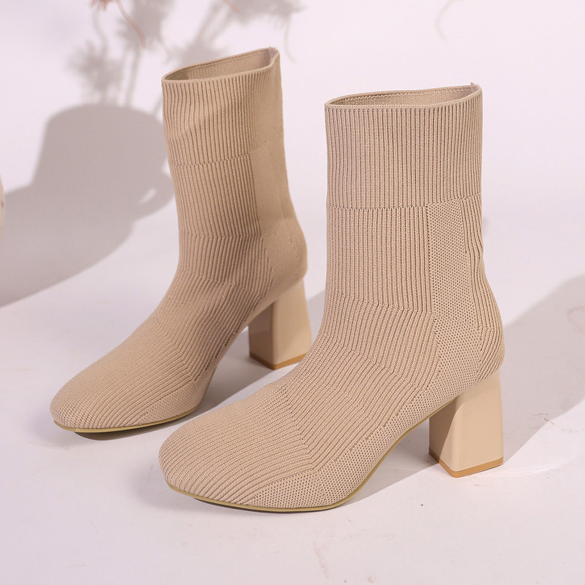 Ankle Boots with Block Heel and Knitted Fabric Upper