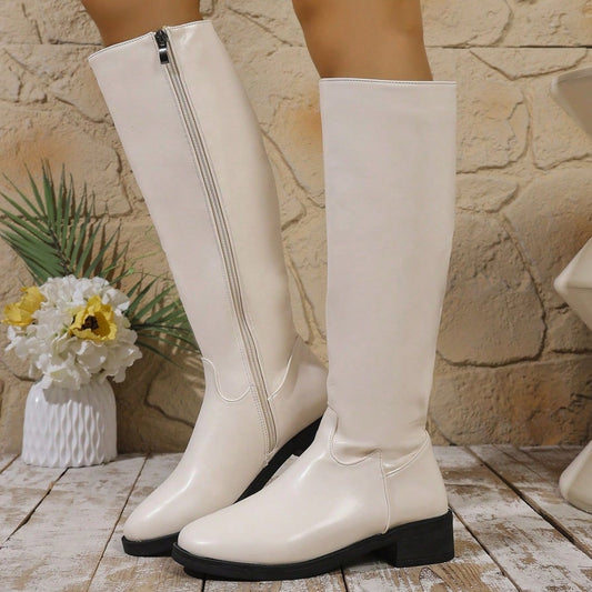 Knee-High Boots with Side Zipper and Low Block Heel
