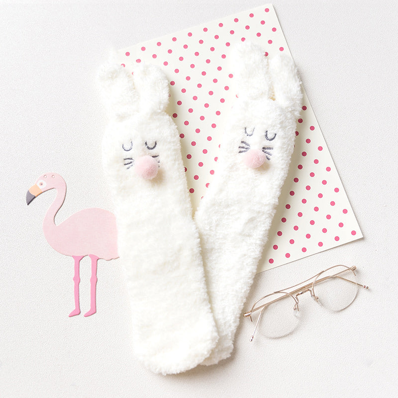 Plush Crew Socks with Embroidered Animal Face