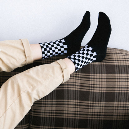 Crew Socks with Checkerboard Pattern and Ribbed Cuff