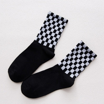Crew Socks with Checkerboard Pattern and Ribbed Cuff