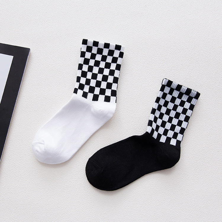 Crew Socks with Checkerboard Pattern and Ribbed Cuff