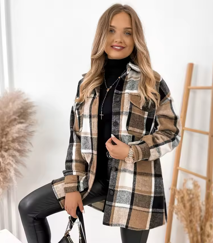 Checkered long-sleeved button-down shirt