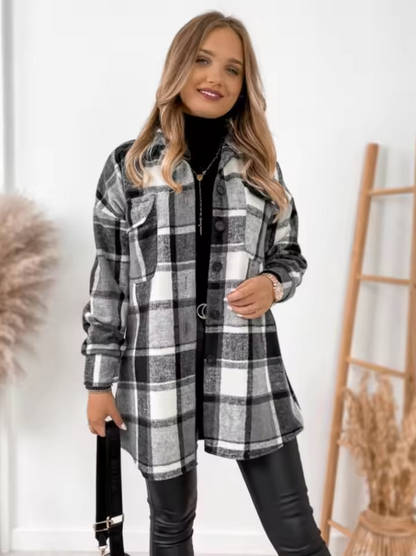 Checkered long-sleeved button-down shirt